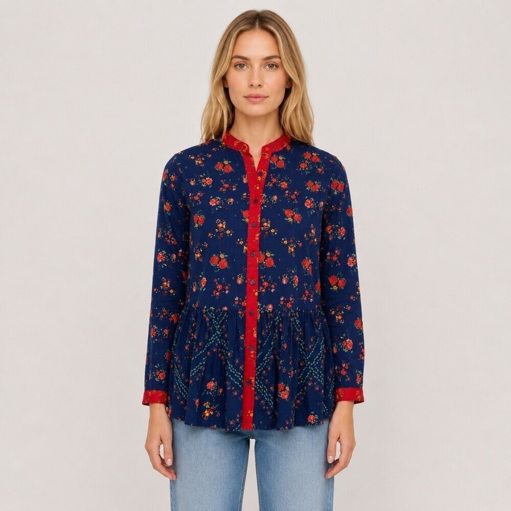 Ro's Garden Tatiana Blouse Womens XL Blue Cotton Floral Peplum Button Up Shirt